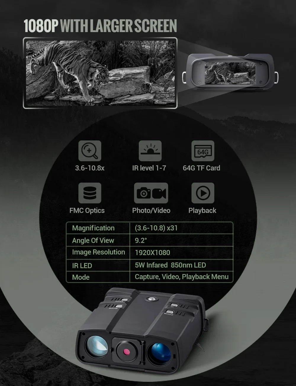 Viewing Digital for Total Vision Screen 64G LAKWAR and Night Binoculars Vision Card Infrared with for Day Night x Hunting Night Binoculars Large Darkness 10.8 31mm Binocular with TF