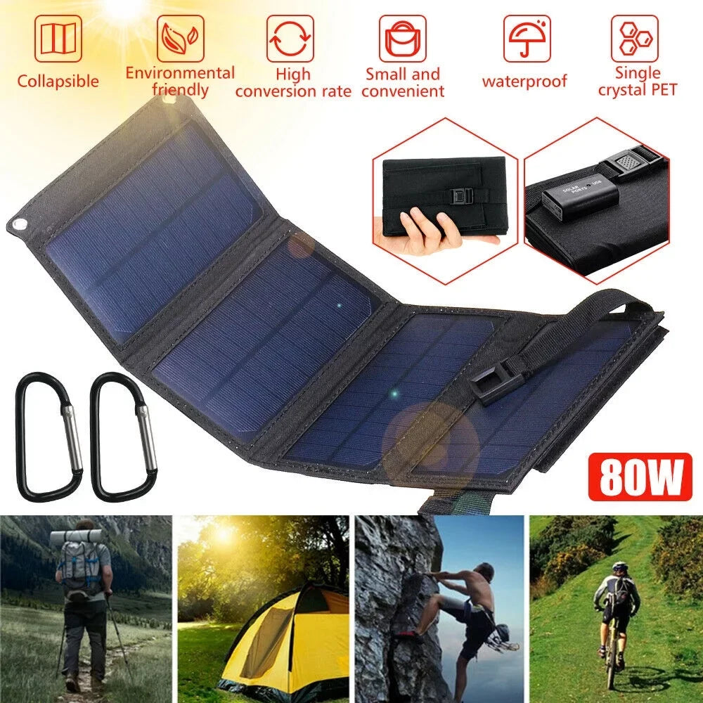 Waterproof Camping Solar Fishing Bank Solar Phone 80W Panel Hiking Power Phone Portable for Outdoors Charger Charger Emergency Solar