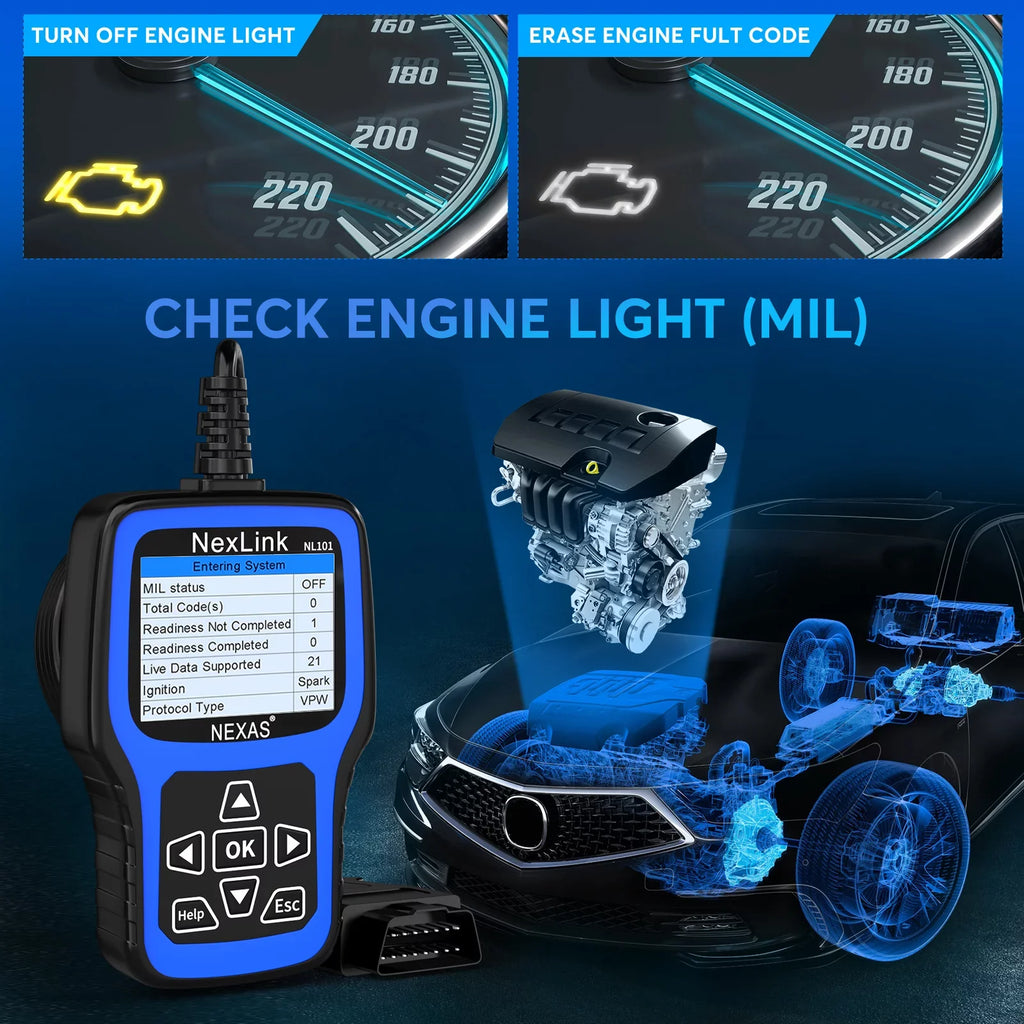 Auto NEXAS OBD2 Automotive Scanner Battery OBDII Reader Diagnostic Scanner Clear Light Code Car Full Codes Car Read Functions Check Engine OBDII NL101 Engine Check Tester Scanner Tool
