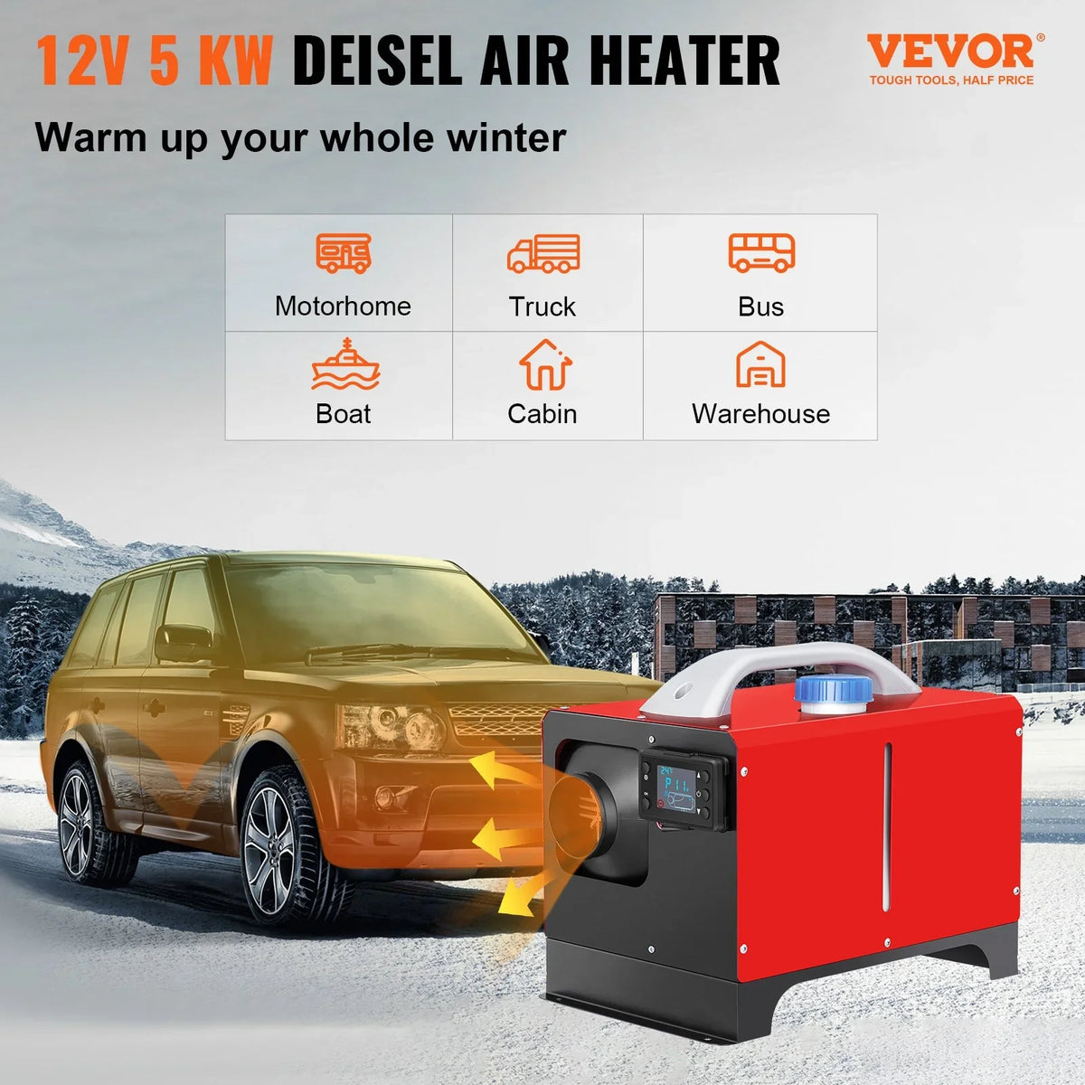 Diesel with Truck Bus, for Heater Mini VEVOR 5KW Boat, and Car Air Heating LCD, Motorhomes Heater Trailer, 12V Remote Control RV, Fast