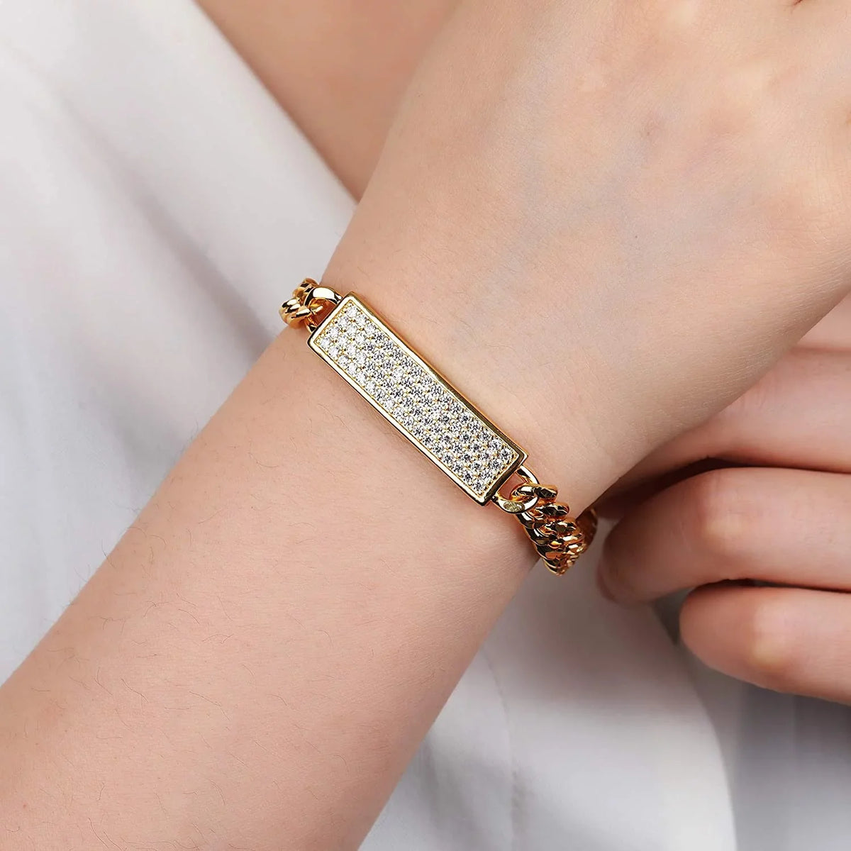 Curb Gold Trendy Link Pave Plated Bracelet Bergamo Cuban, Zirconia Giorgio ID Micro Cubic