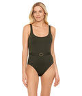 Lauren LAUREN Club 14 Belted Solid Lingerie One-Piece Olive Beach Ralph