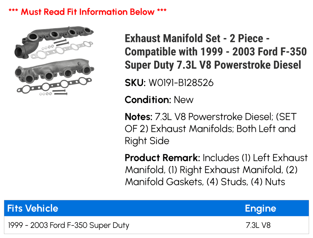 Piece Powerstroke 2000 2002 F-350 - - 2003 Exhaust 1999 7.3L 2001 Diesel Compatible with Set - Super 2 Manifold V8 Duty
