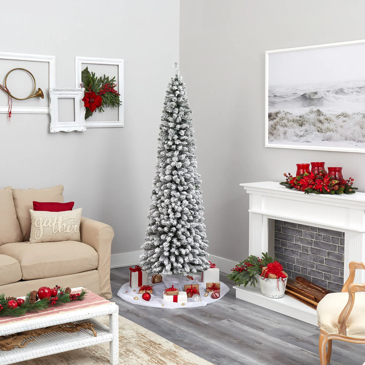 Pencil 400 Natural Christmas Prelit Tree Flocked White Clear 7' Lights Artificial Nearly