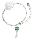 Silvertone Key Delight Four Lucky Flower Clover Leaf Chain Green Bracelet, Extender Translucent Jewelry 6.75"+2" Silver-tone Link