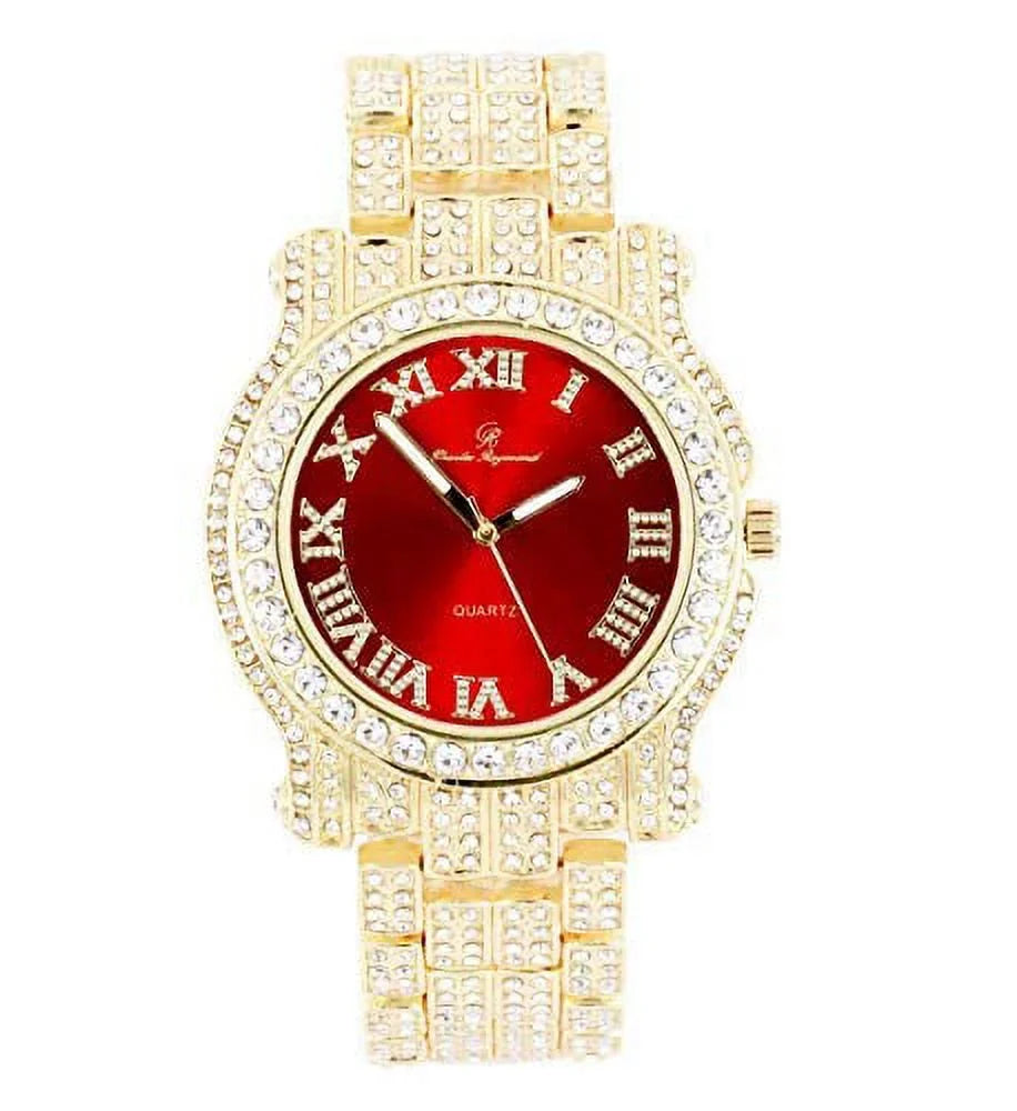 Watch Gold Bracelet w/Bling-ed Design Bling-ed Gold - Round Red Luxury Out Out ZZ Link Mens ZZ Blood L0504RNB