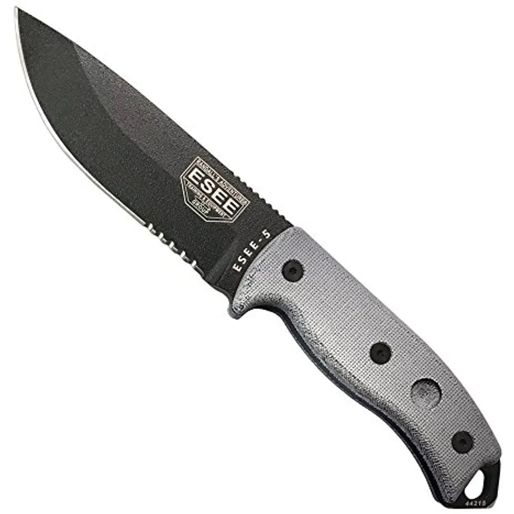 ESEE Knives 5S-E Fixed Black Natural Steel Knife Blade Micarta Serrated Carbon & 1095