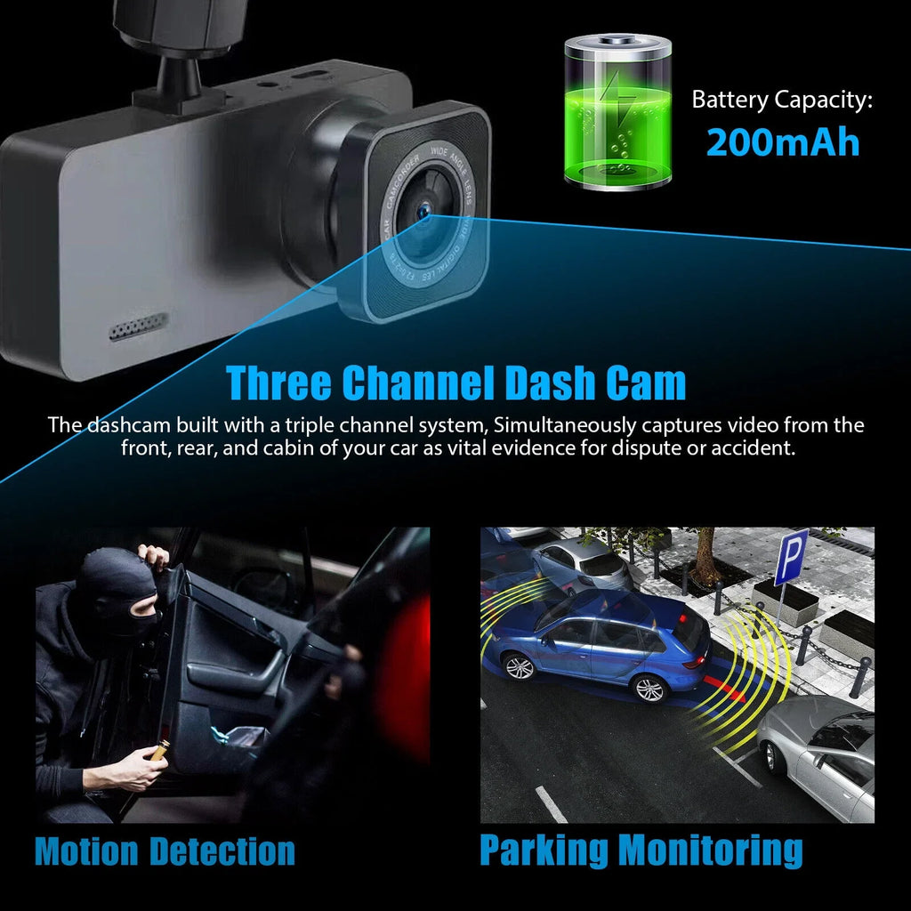 Lens Front Camera Cam 3 Dash Inside Rear Video 1080P DVR G-Sensor Recorder Car