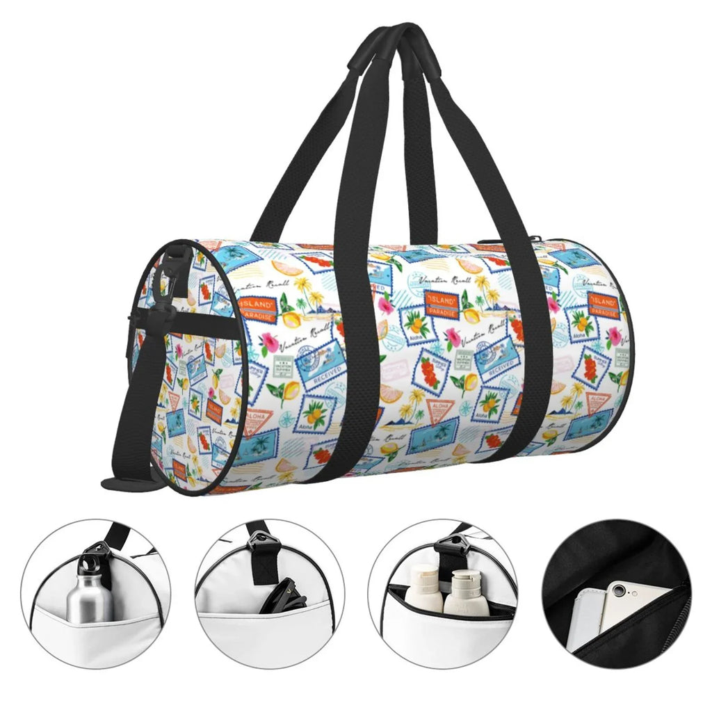 Pocket Coaee Bag Compartment Travel Capacity Luggage with Summer Stamp Gym Bag Bag Waterproof Sports Large Cylinder and