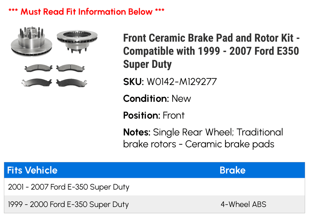 Compatible Pad Duty - Front 2005 E350 2001 Ceramic 2006 2007 Brake Super 2003 2002 1999 2004 with and 2000 Kit - Rotor