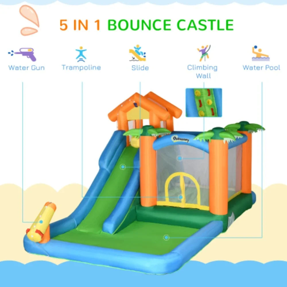Patches Air 6-in-1 Floating Outsunny Slide Jumping with and Ball Pool Includes Inflatable Bag, liquid 450W Wall Trampoline Climbing Theme Tropical Summer Repair Castle Blower Carry Cannon Slide