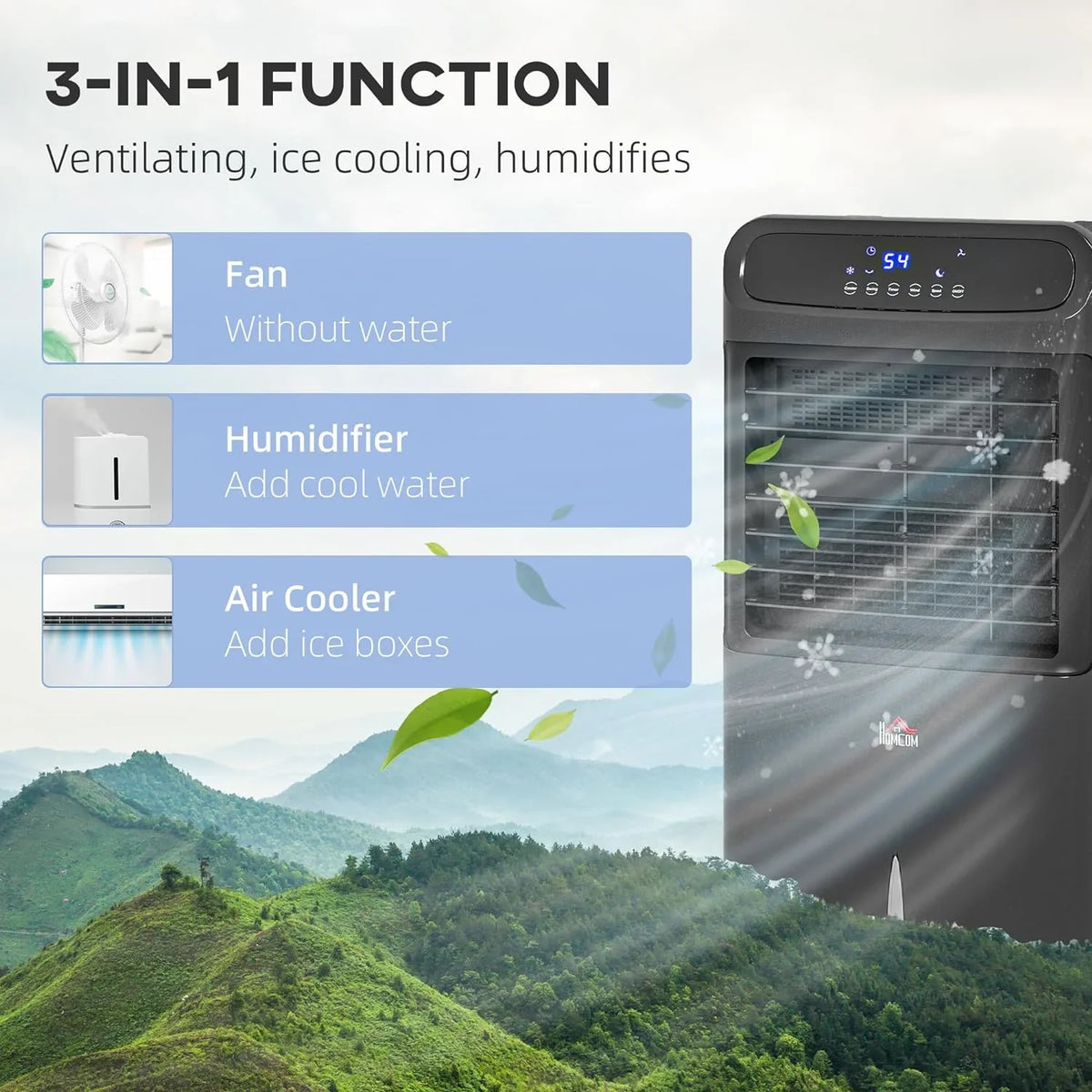 Timer, Oscillating, Display, 3-In-1 Black Cooler, for Fan Humidifier Air Cooling Tank Evaporative with liquid Bedroom, liquid Remote, Mobile LED Home HOMCOM Office, Unit 32" Ice 3.2gal Conditioner