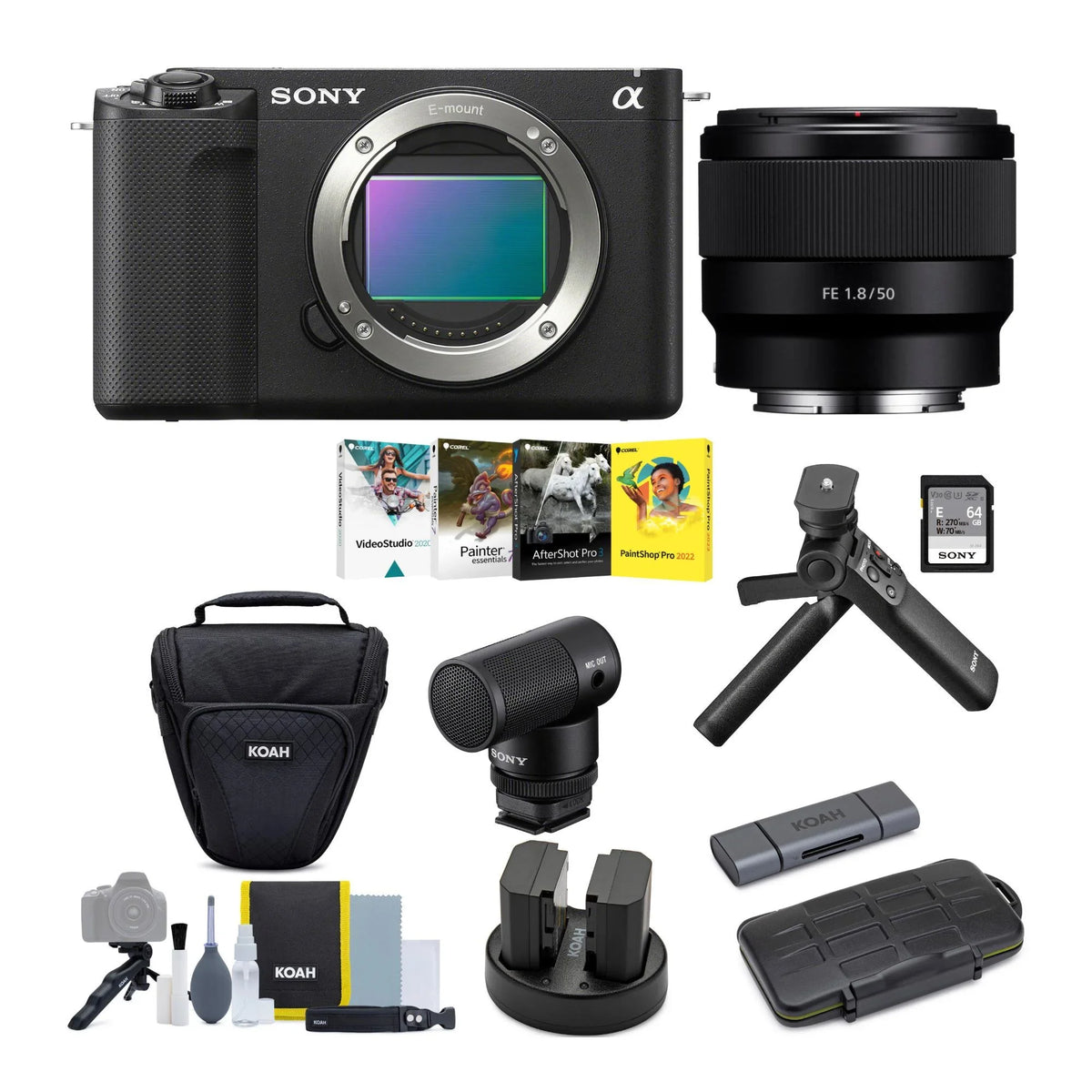 ZV-E1 Mirrorless 50mm Lens, Grip, Camera Alpha Kit and Mic with (Black)