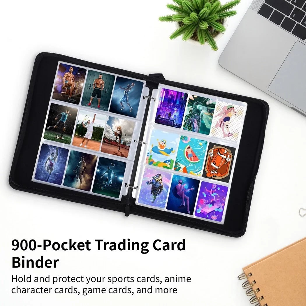 Zipper Storage Sports Binder, Leather Football, with PU Case Removable Trading with Card Sheets, Portable Card 900-Pocket for Standard-sized Cards Binder Basketball Card Baseball, Binder,