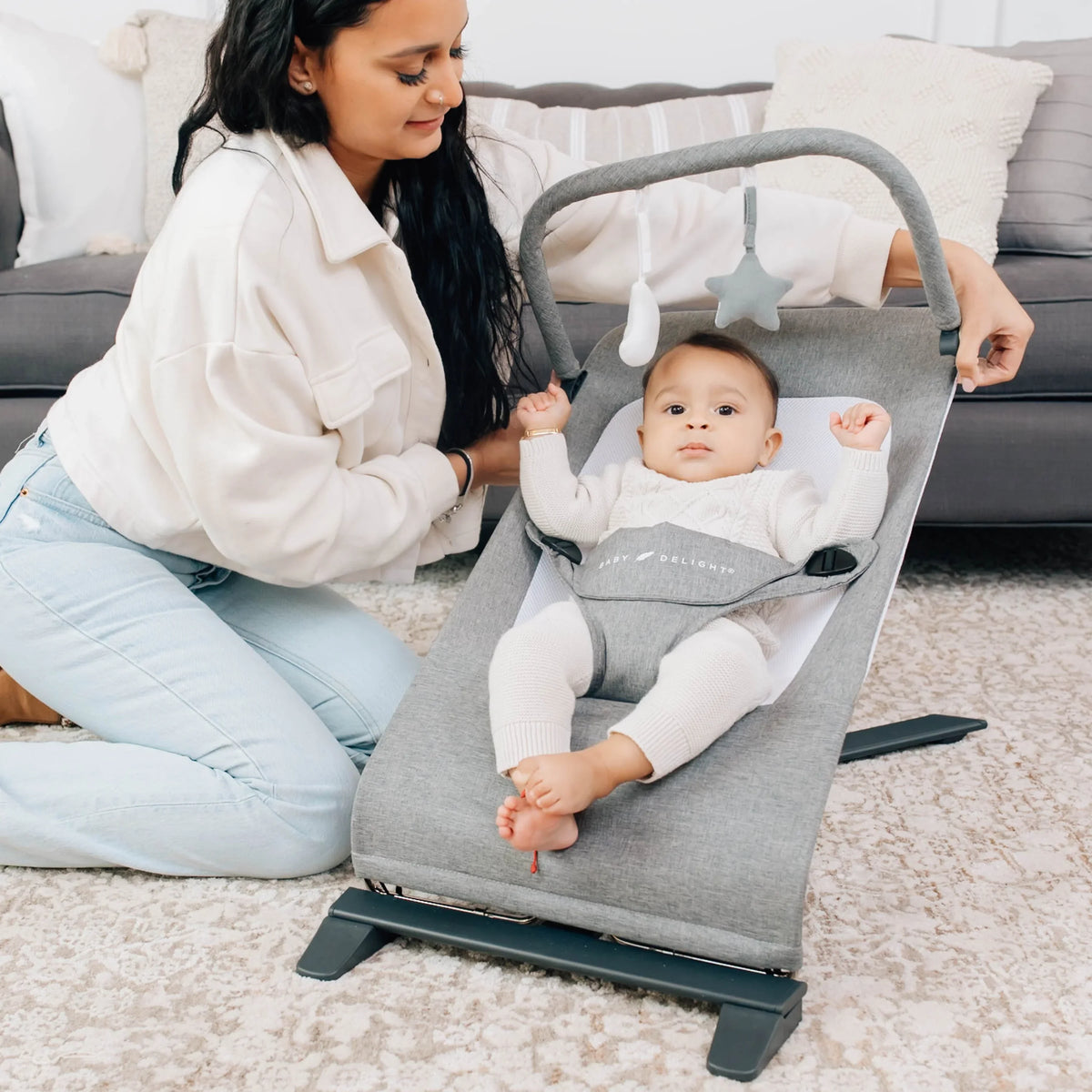 Tweed Charcoal Baby Months, 0-6 Infants Deluxe Baby Bouncer, for Alpine Portable Delight