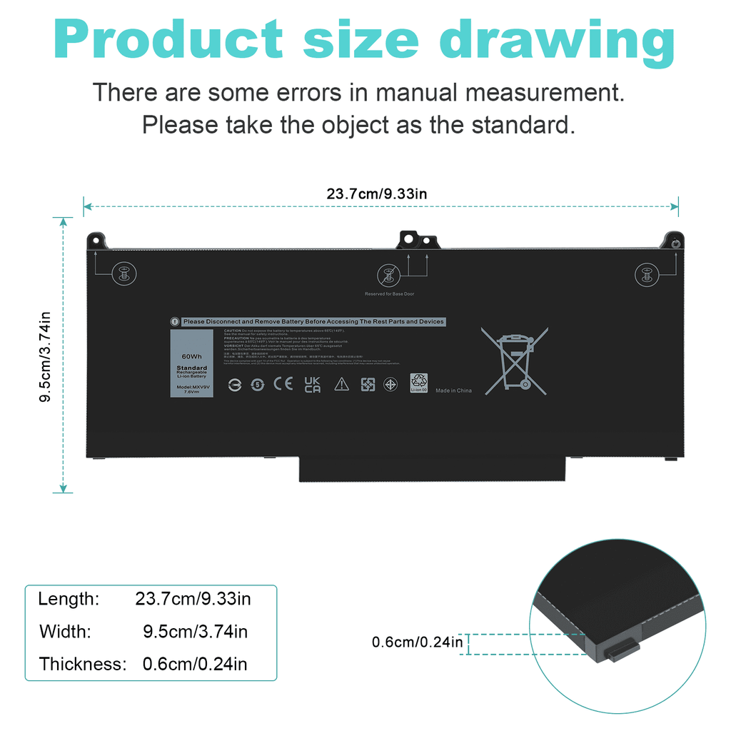 5310 5300 MXV9V For 7300 (2-in-1) Laptop 60Wh Battery 7400 Latitude