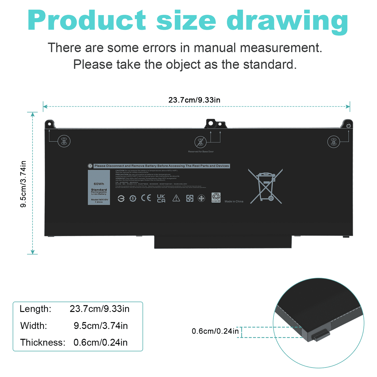 5310 5300 MXV9V For 7300 (2-in-1) Laptop 60Wh Battery 7400 Latitude