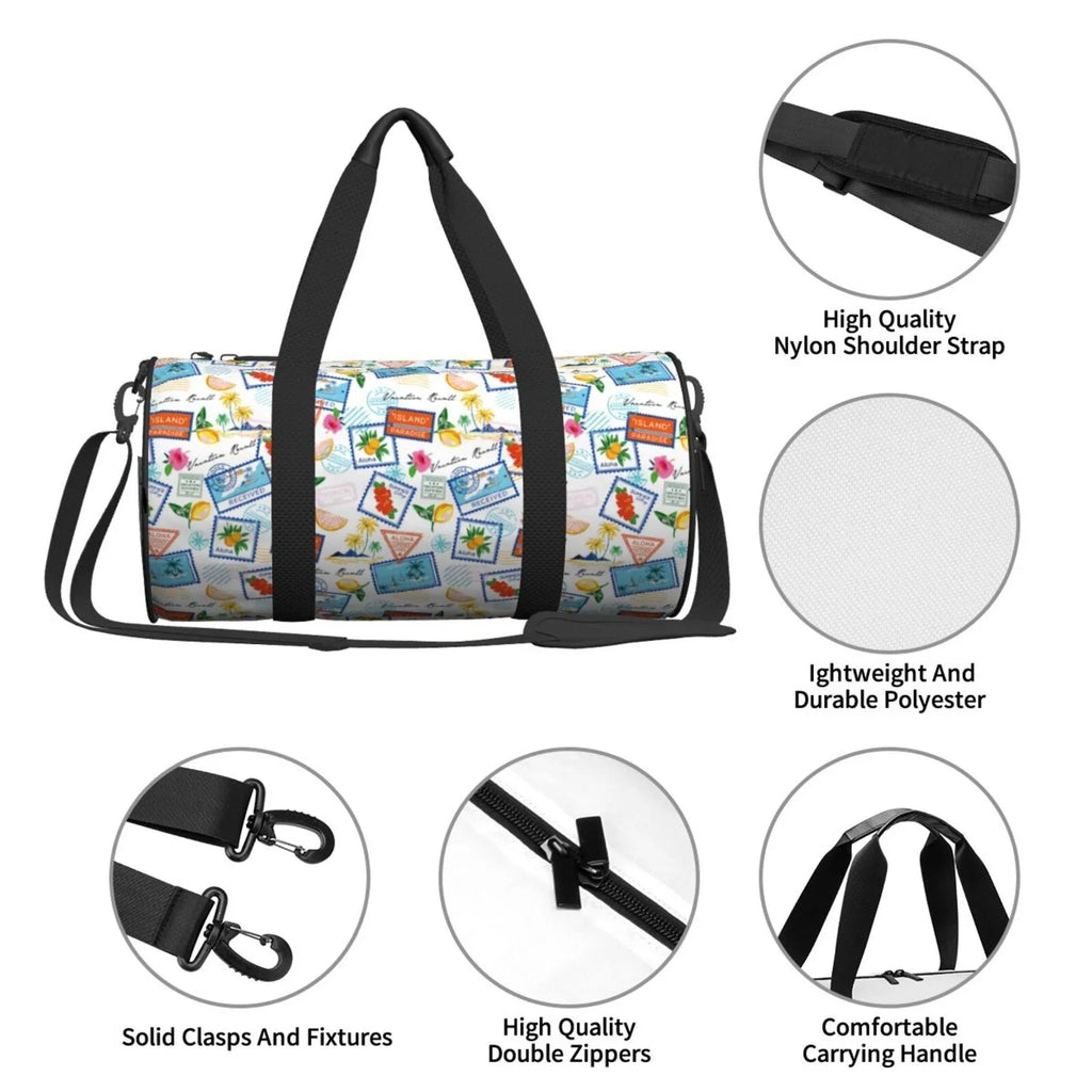Pocket Coaee Bag Compartment Travel Capacity Luggage with Summer Stamp Gym Bag Bag Waterproof Sports Large Cylinder and