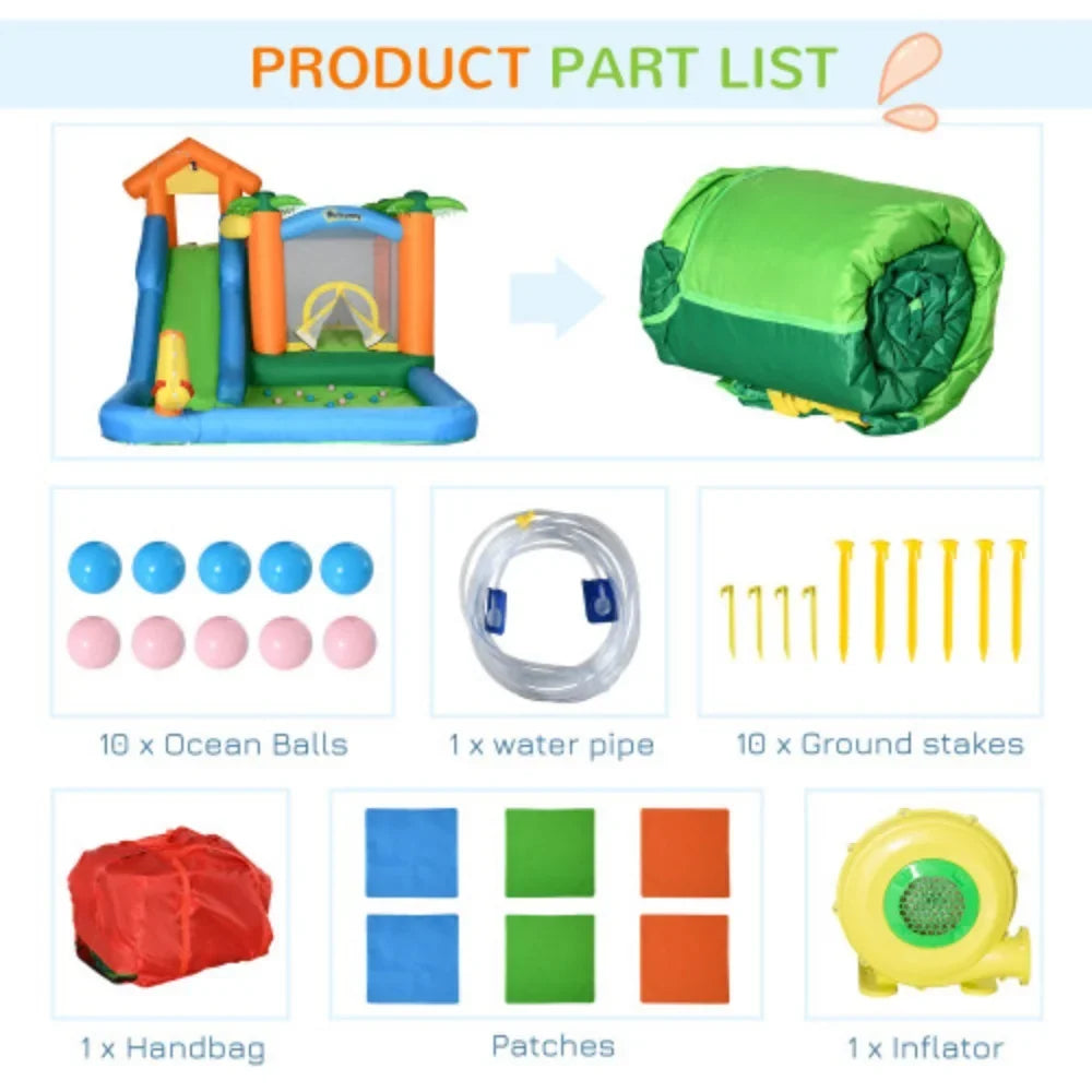 Patches Air 6-in-1 Floating Outsunny Slide Jumping with and Ball Pool Includes Inflatable Bag, liquid 450W Wall Trampoline Climbing Theme Tropical Summer Repair Castle Blower Carry Cannon Slide