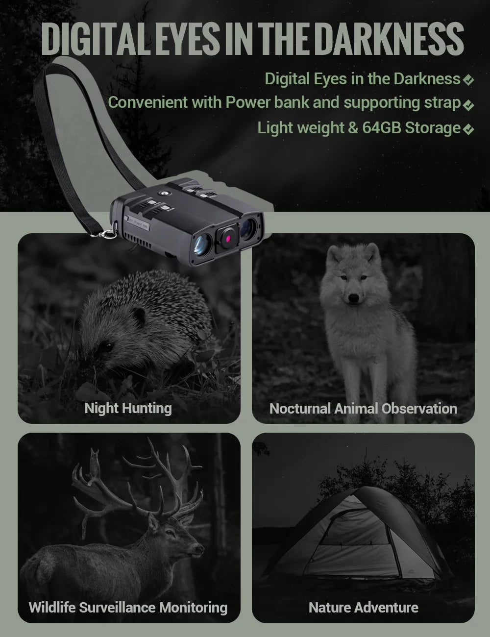 Viewing Digital for Total Vision Screen 64G LAKWAR and Night Binoculars Vision Card Infrared with for Day Night x Hunting Night Binoculars Large Darkness 10.8 31mm Binocular with TF