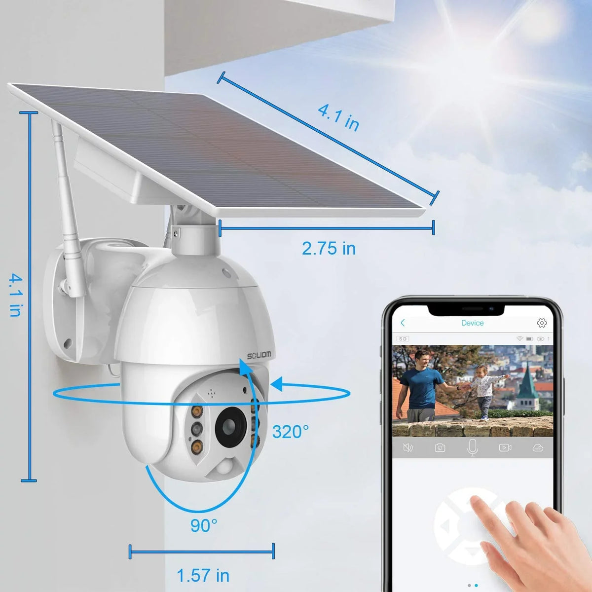 Home S600 Tilt Security Camera -SOLIOM Pan Powered Storage with Spotlight Color exterior,Wireless Slot Cloud/Sd Motion Night Detection ,Secure WiFi Solar Camera Vision,2.4G WiFi Battery