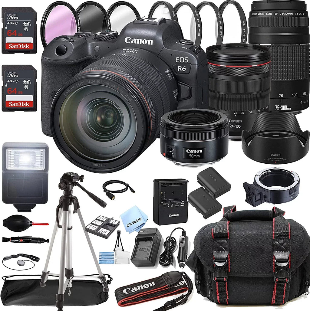 USM Memory + Filters RF R6 Lens f/4 42pc F/4-5.6 Camera 24-105mm f/1.8 Tripod is RF + + with EOS L Bundle Mirrorless Canon + 128GB 75-300mm III Digital + Lens STM Case + Lens 50mm