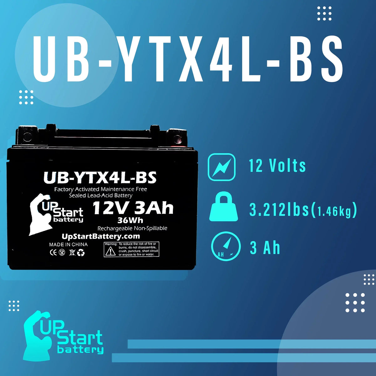 Replacement UB-YTX4L-BS Maintenance 3Ah, 90CC - Battery ATV Bombardier 2002 3-Pack Quest Activated, DS90F, (Can-Am) Factory DS90, for Battery UpStart Free, 12V,