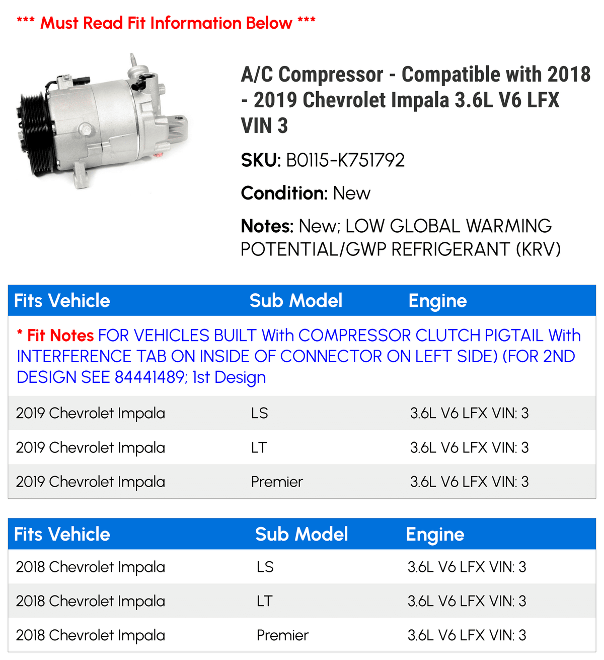 LFX V6 - Impala 3 2018 2019 A/C 3.6L Compressor with Compatible VIN - Chevy