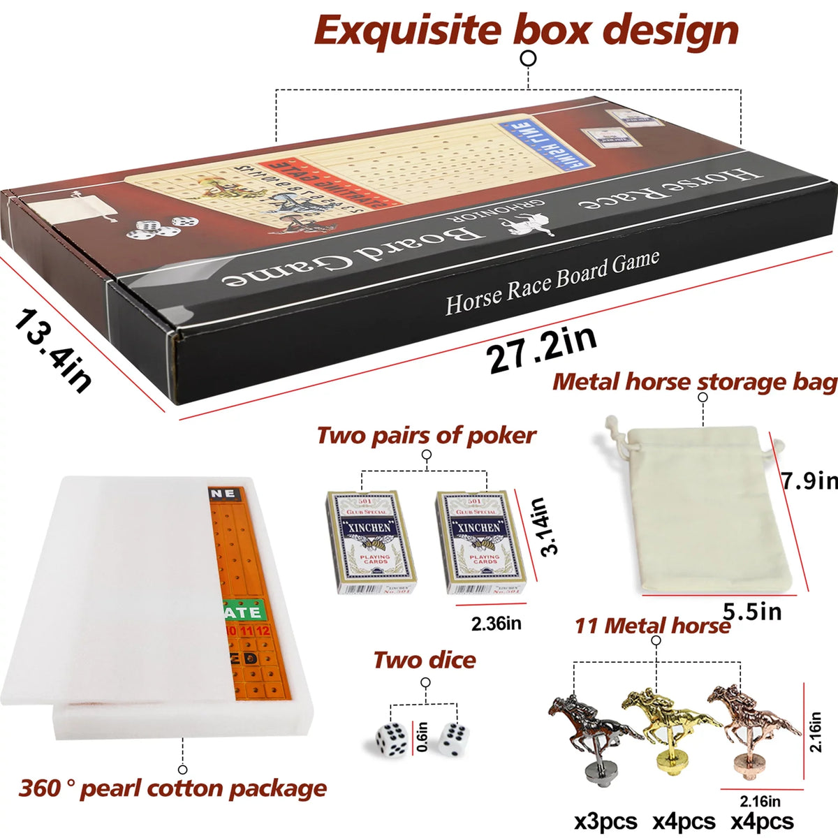 Game with 4 Racing Horses 11 Pine and Line 2 Boxes dice Race Classic Game Metal Finish with Luxurious Durable Racing Horse Across Game Horse of Thickened Board Cards
