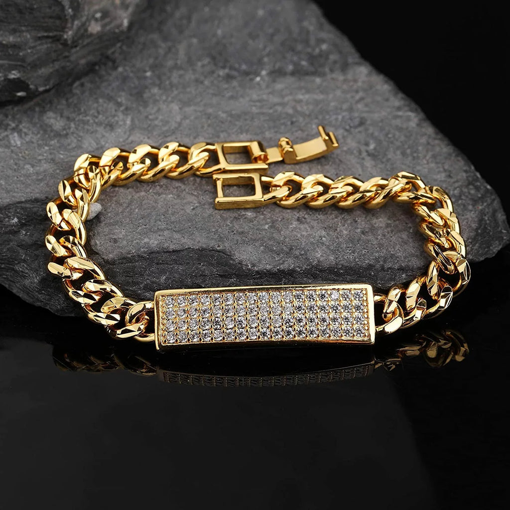 Curb Gold Trendy Link Pave Plated Bracelet Bergamo Cuban, Zirconia Giorgio ID Micro Cubic