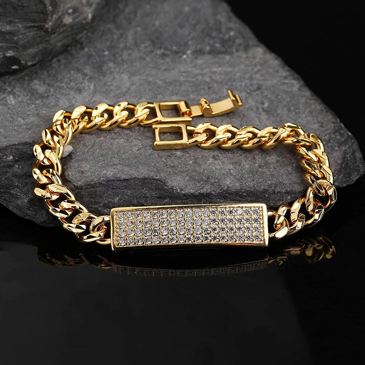 Curb Gold Trendy Link Pave Plated Bracelet Bergamo Cuban, Zirconia Giorgio ID Micro Cubic
