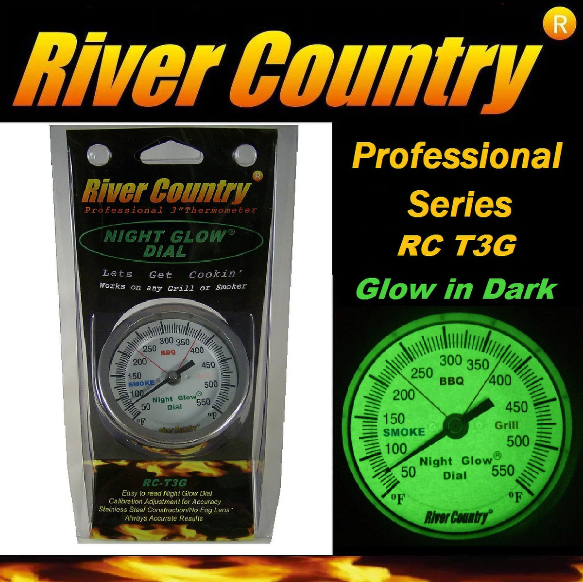 'Night River Smoker Premium Country Thermometer 3" Glow' BBQ, Grill, (RC-T3G)