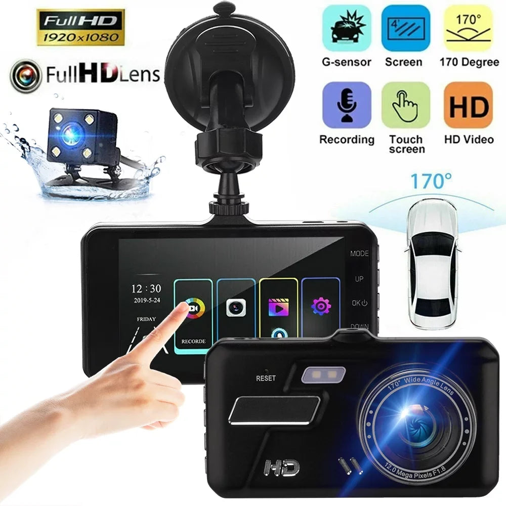 Cam Screen Lens Video Parking Front Motion Camera Dash 1080P DVR G-Sensor, Xhy Dual HD Detection Monitoring Rear 4" Touch Driving Car and and Recorder