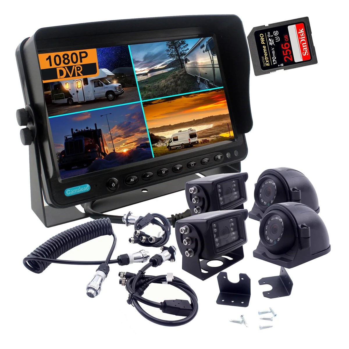 The wheel cameras quad split Channel connection recorder trailer 9 CAMSLEAD system HD inch monitor kit 1080P 1080P 4X + 5th 4 camera inch camera screen, with 9 DVR quick monitor screen system, +