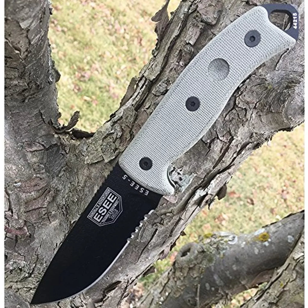 ESEE Knives 5S-E Fixed Black Natural Steel Knife Blade Micarta Serrated Carbon & 1095