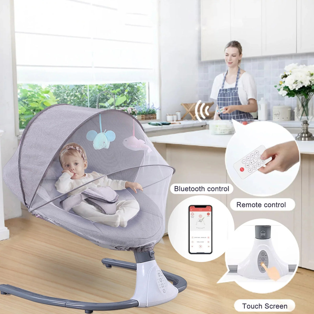 and Seat Baby Swing Control, Swing Electric Chair 4 Gray with Swing Speeds Infant Remote Portable
