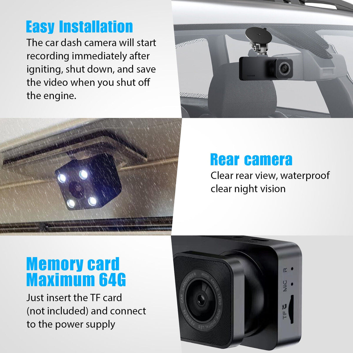 Lens Front Camera Cam 3 Dash Inside Rear Video 1080P DVR G-Sensor Recorder Car