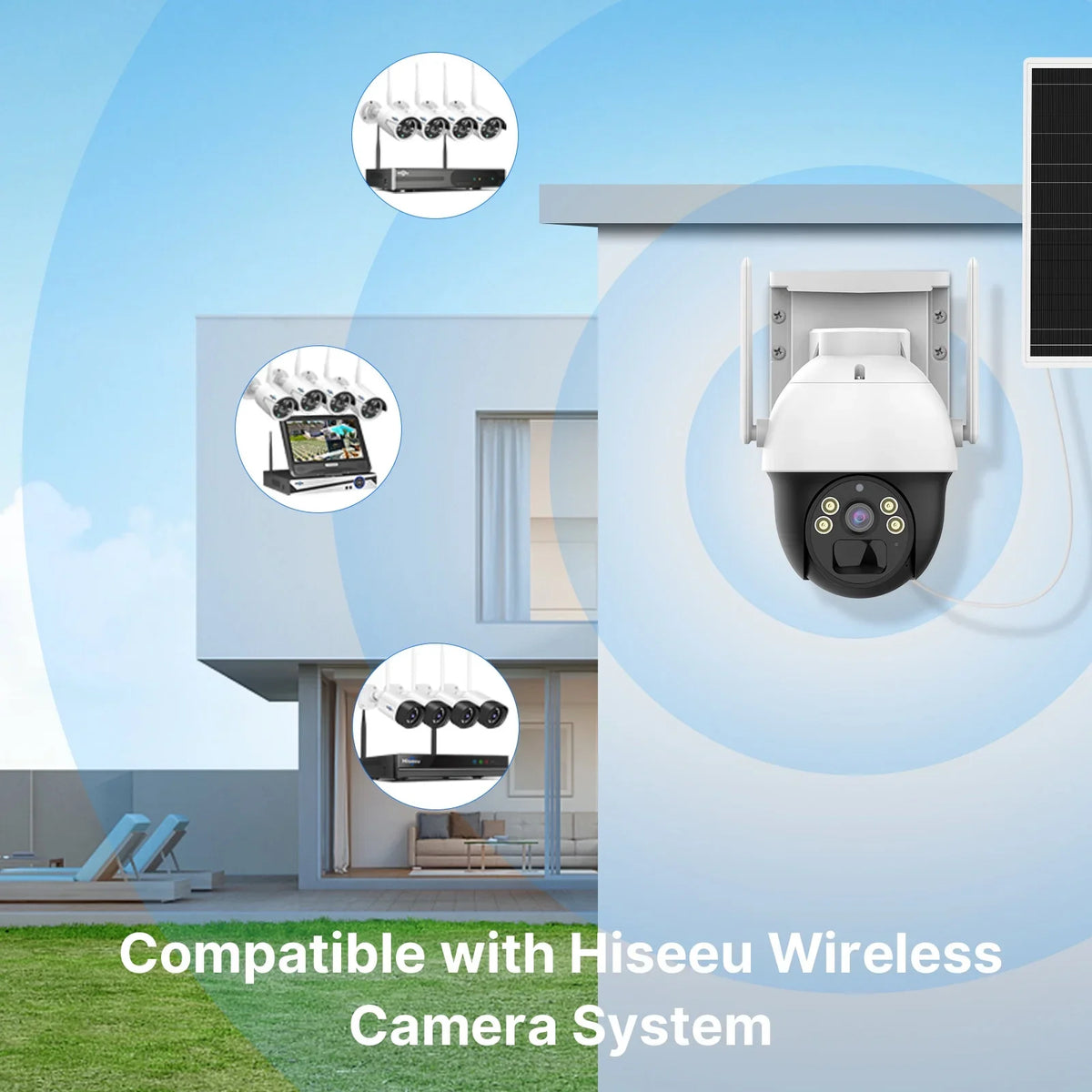 Audio,Color Rechargeable Card zoom,2-Way Solar AI Slot,Smart Wireless Pan/Tilt,8X digital Camera,360 Security Night Vision,Spotlights,SD Detection View Hiseeu Battery 2K/3MP