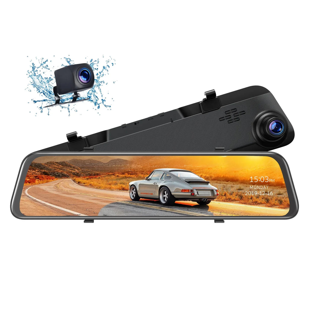 Dual Dash View Screen Mirror Cam Dash Assistance, with 12 Backup Rear Waterproof GPS 2.5K Loop Rear Recording Front Parking Mirror Night Cam Inch Vision, Camera, and Touch Camera