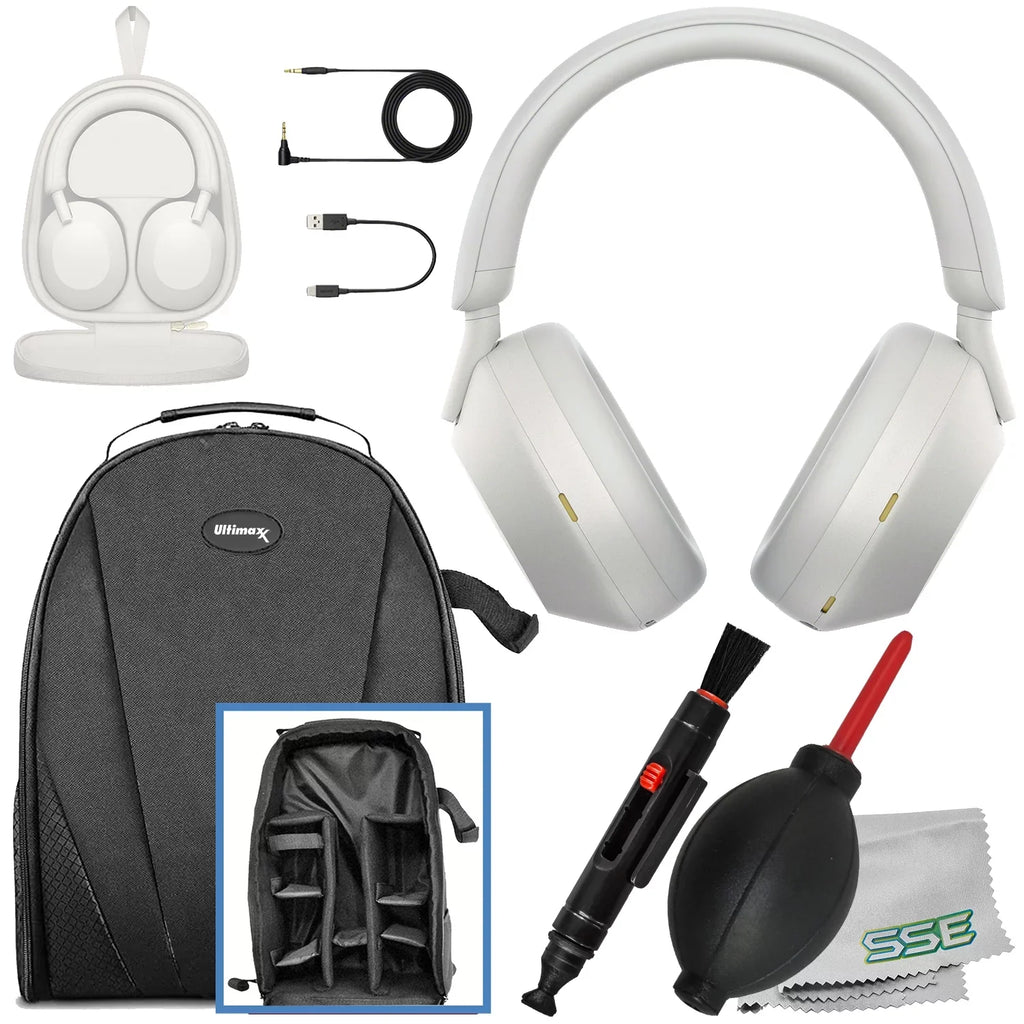 '- Bundle) Ultimaxx WH-1000XM5 Headphones (Silver) & Over-Ear More (7pc Includes: Backpack Wireless Noise-Canceling Essential Bundle Gadget liquid-Resistant