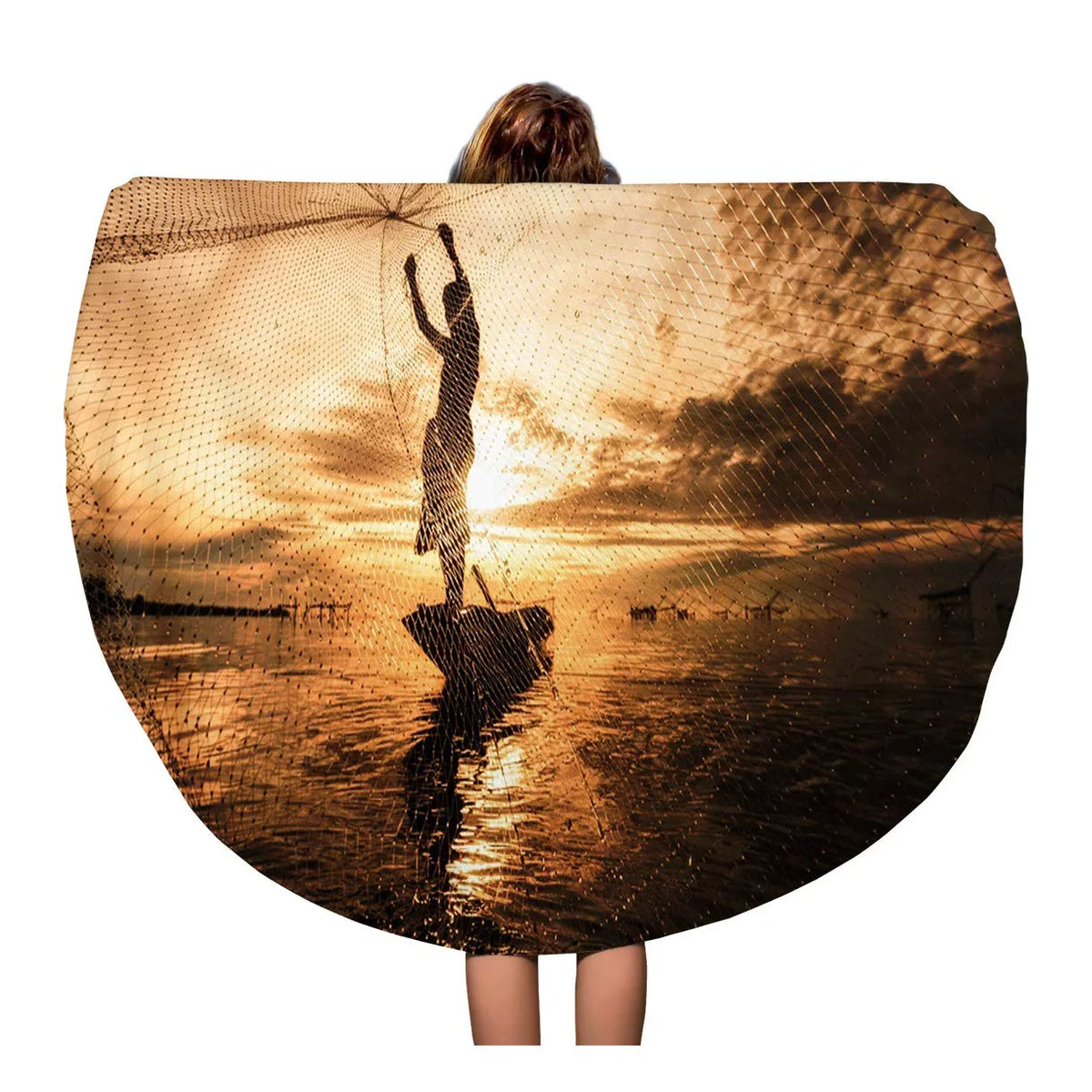 Towel Mat Circular 60 Thailand Fisherman Fishing Silhouette Travel inch Beach Circle Beach Towels Nets Boat Vietnam SIDONKU Lifestyle Blanket Tapestry Throw Cambodia Round