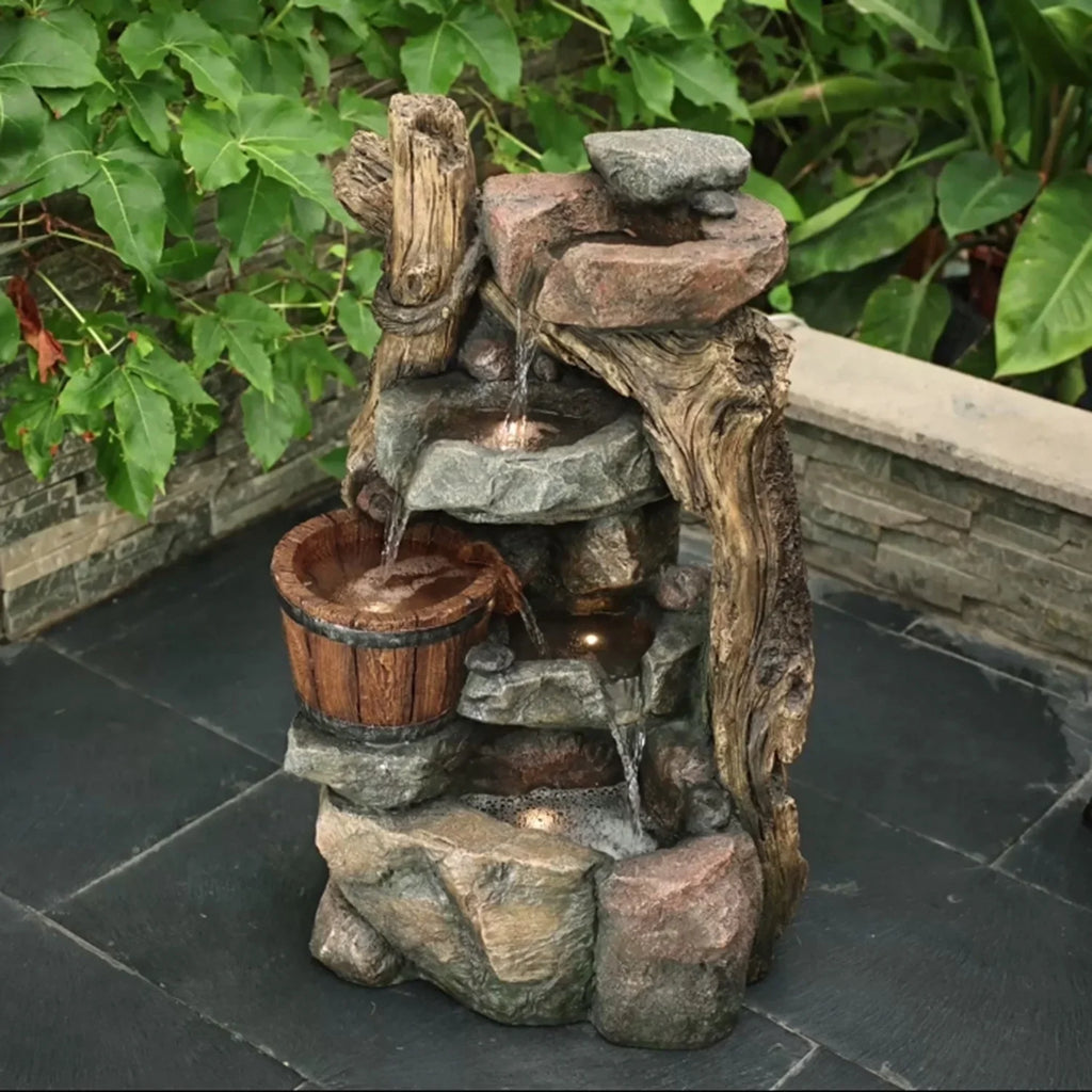 With Led HomeStock Resin exterior Stacked And Lights Fountain Wall Barrel Rock Naturally Nice