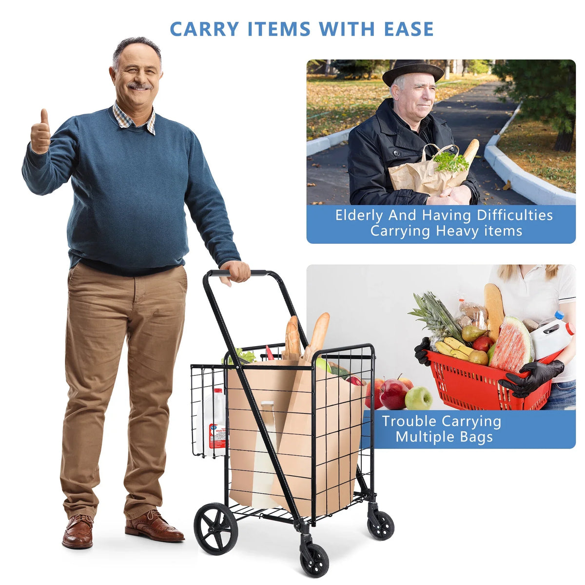 Shopping Utility Grocery Book Black Folding Travel, Cart Wheels for and Laundry Double Basket with ZENY Luggage
