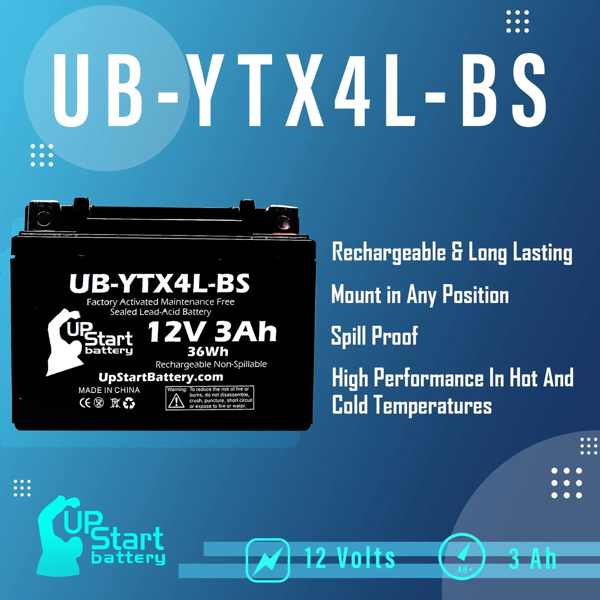 Replacement UB-YTX4L-BS Maintenance 3Ah, 90CC - Battery ATV Bombardier 2002 3-Pack Quest Activated, DS90F, (Can-Am) Factory DS90, for Battery UpStart Free, 12V,