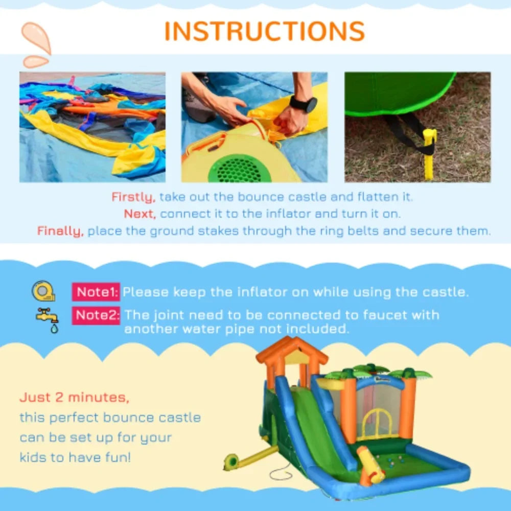 Patches Air 6-in-1 Floating Outsunny Slide Jumping with and Ball Pool Includes Inflatable Bag, liquid 450W Wall Trampoline Climbing Theme Tropical Summer Repair Castle Blower Carry Cannon Slide