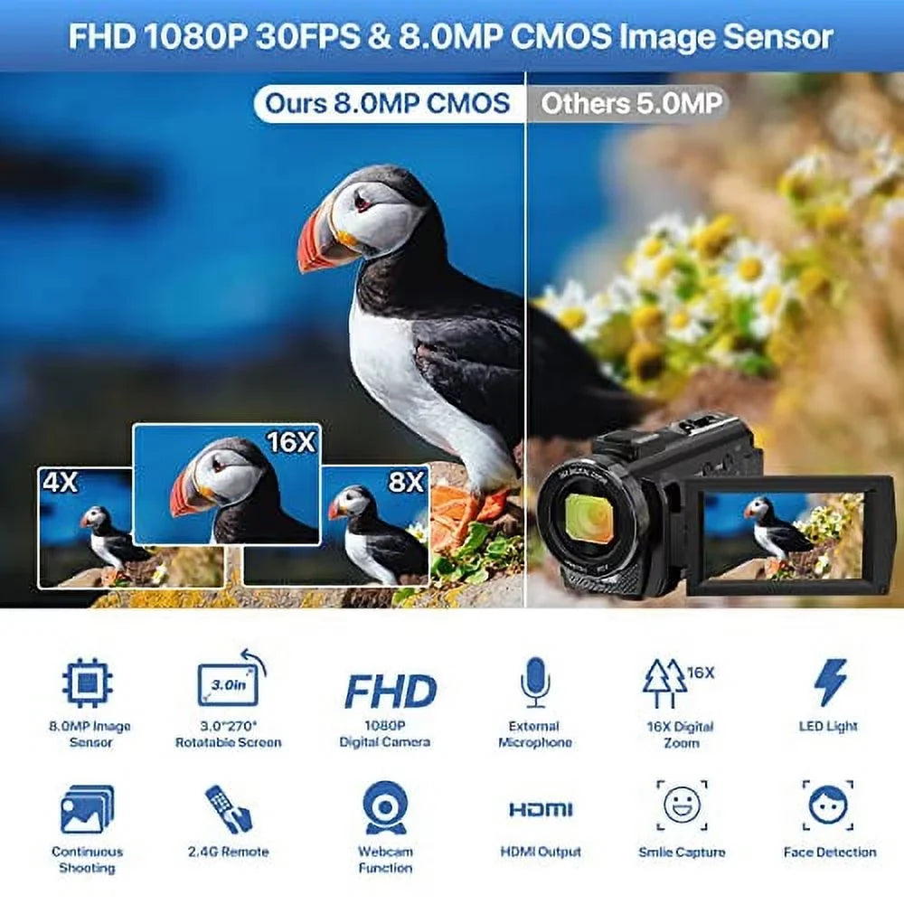 26MP with 1080P Camcorder WiFi Vlogging Batteries 16X Touch Camcorder 3.0'' Microphone,Remote 30FPS Night Camera 2 IR Vision Digital Recorder FHD YouTube Screen Video Camera Zoom and