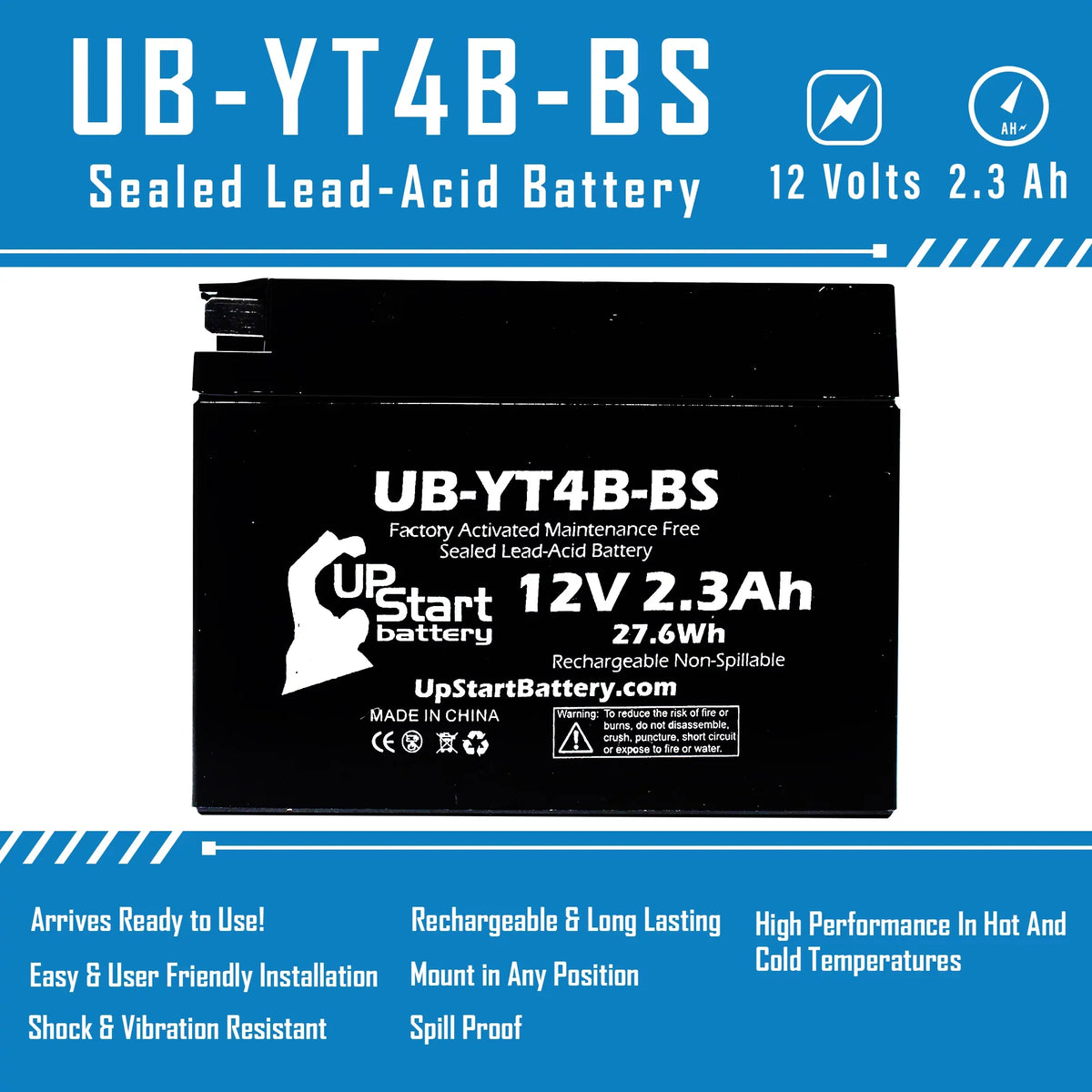 UpStart Replacement 400CC 2.3Ah, 2006 Factory UB-YT4B-BS - Battery 2-Pack 12V, SR400 Motorcycle Activated, Battery Free, Maintenance Yamaha