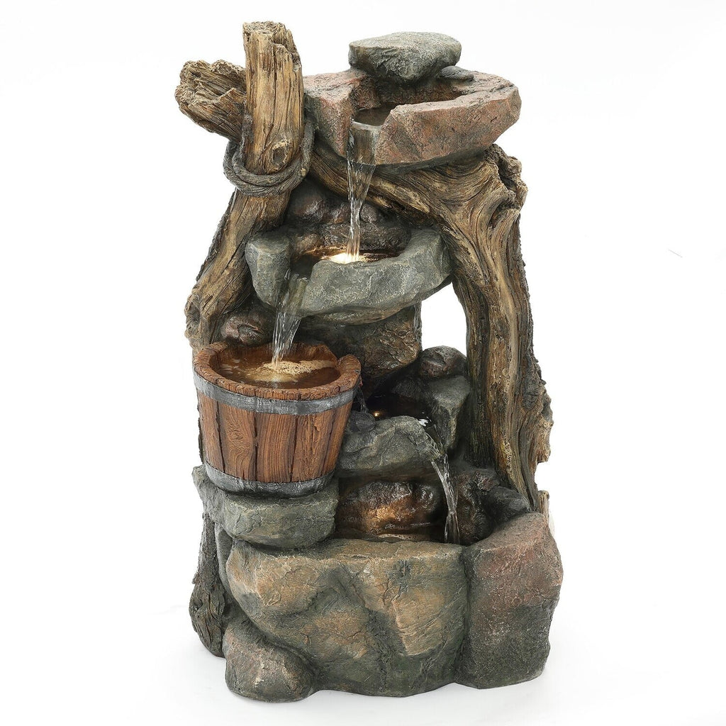 With Led HomeStock Resin exterior Stacked And Lights Fountain Wall Barrel Rock Naturally Nice