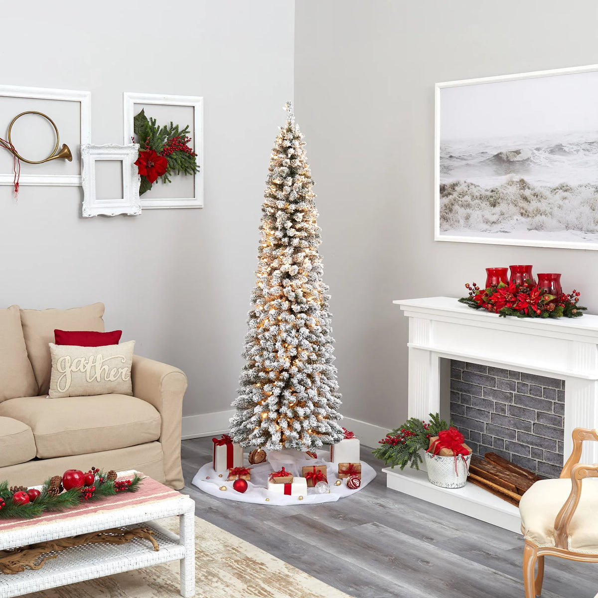 Pencil 400 Natural Christmas Prelit Tree Flocked White Clear 7' Lights Artificial Nearly