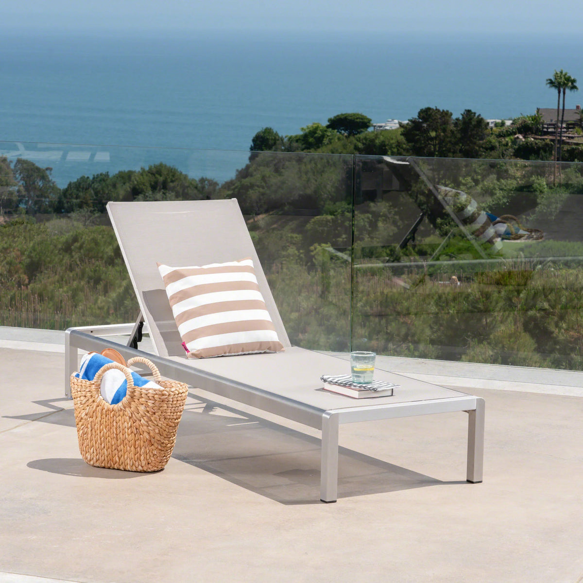 Crested Adjustable Armless Lounge, Aluminum Gray Bay Studio Silver Mesh and exterior GDF Chaise and